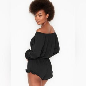 Victoria’s Secret Black Off Shoulder Tassel Sleep Romper Large
